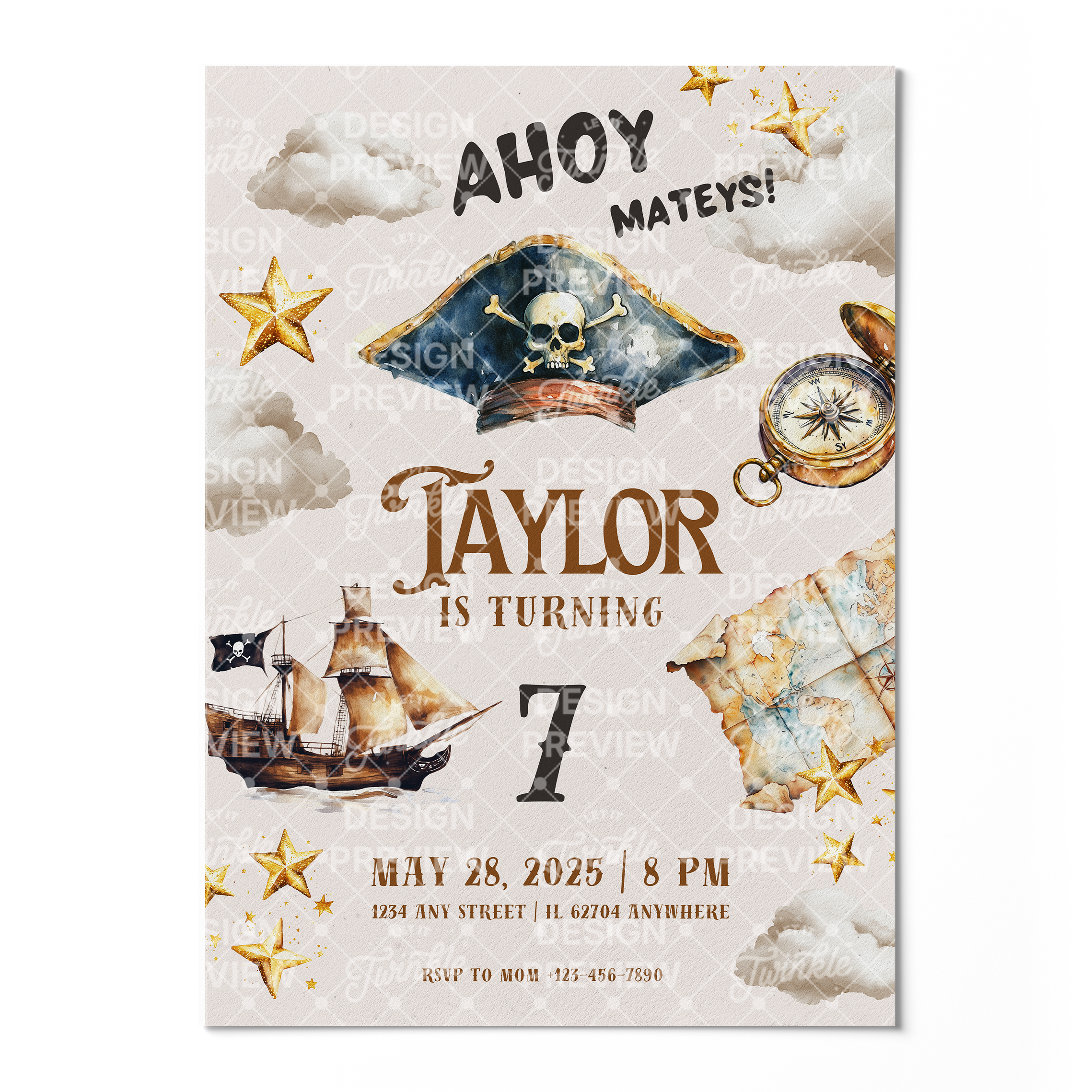 Pirate Birthday Invitation Template • Editable Canva Invitation • Brown & Beige