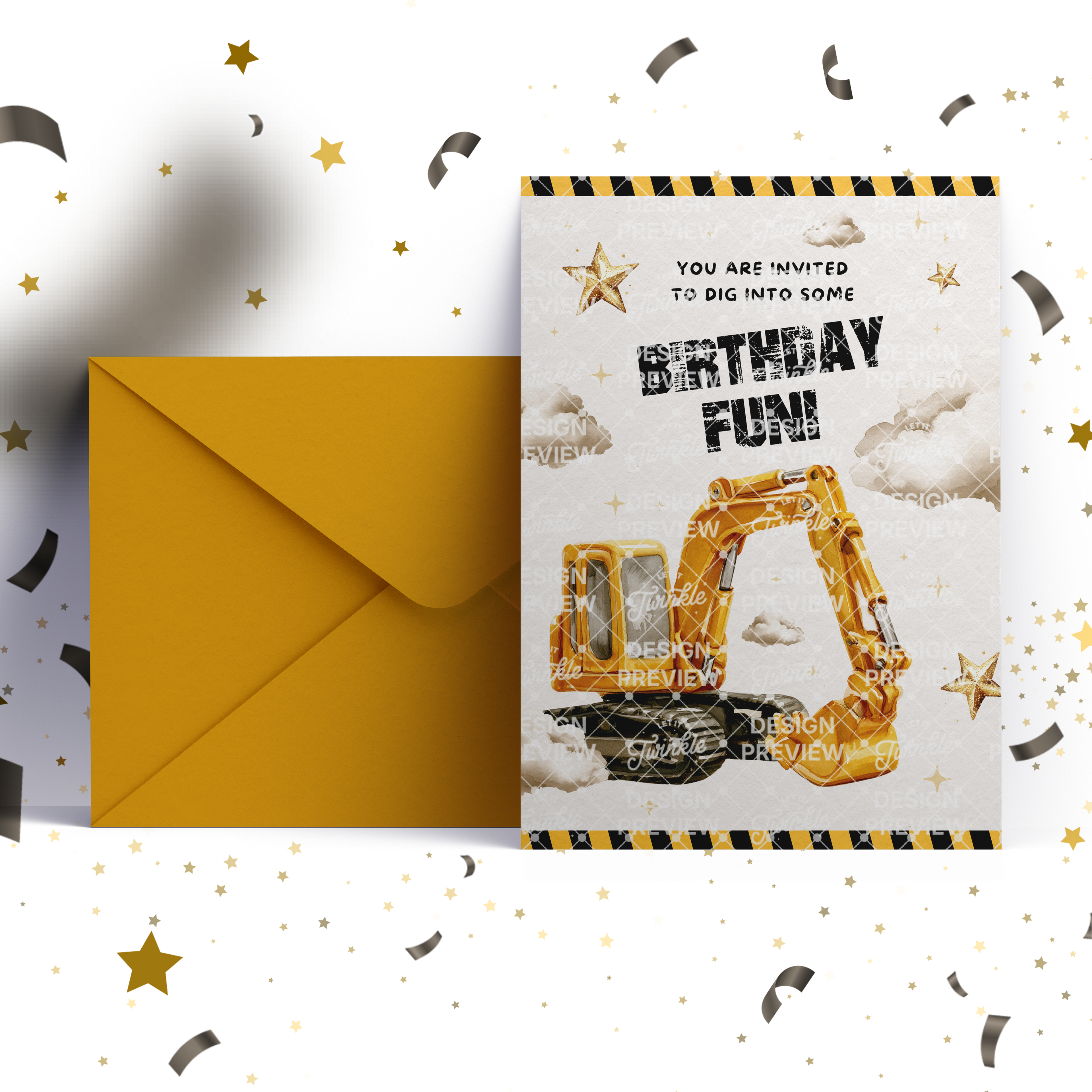 Digger Birthday Invitation Template • Editable Canva Invitation • Yellow, Beige & Gold
