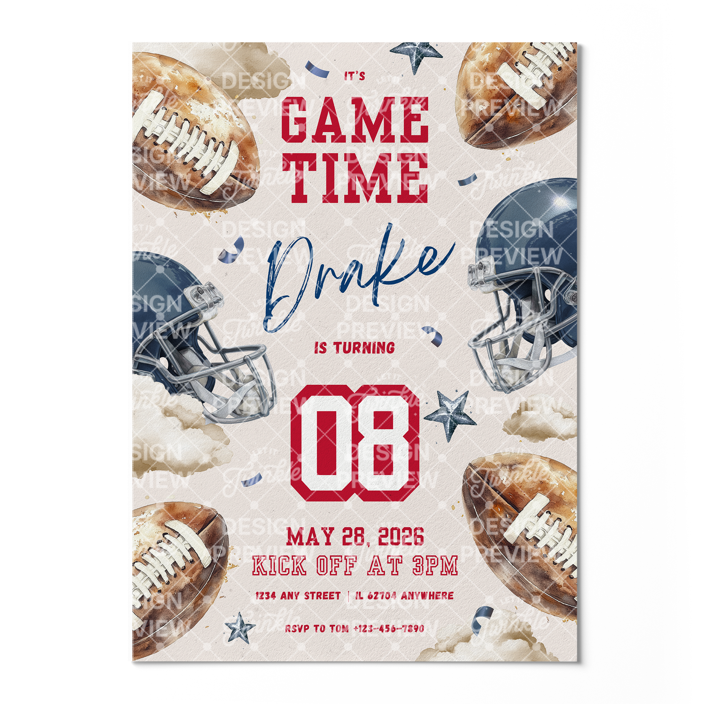 Football Birthday Invitation Template • Editable Canva Invitation • Blue & Red