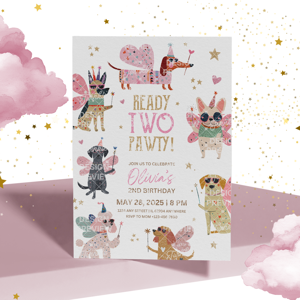 Let's Pawty Birthday Invitation Template • Editable Canva Invitation • Pink