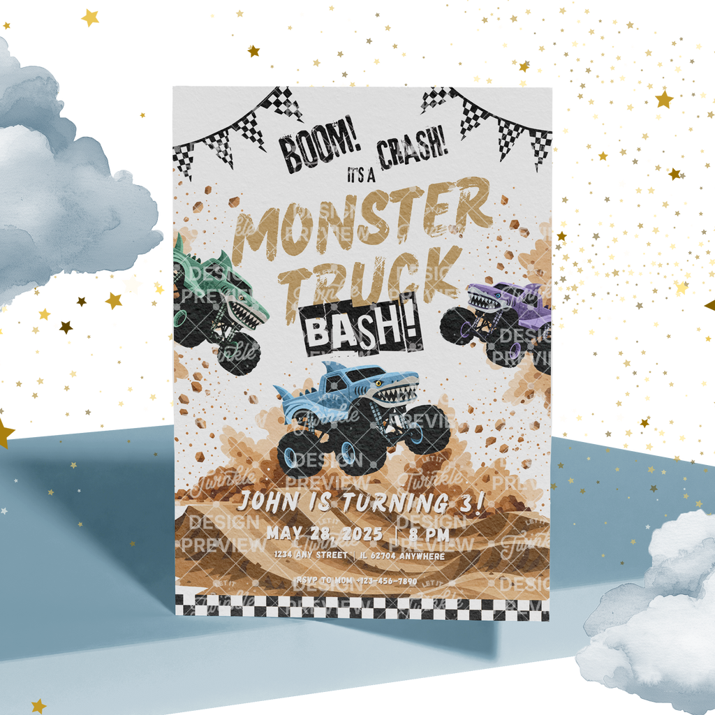 Monster Truck Bash Birthday Invitation Template • Editable Canva Invitation • Blue, Turquoise & Purple