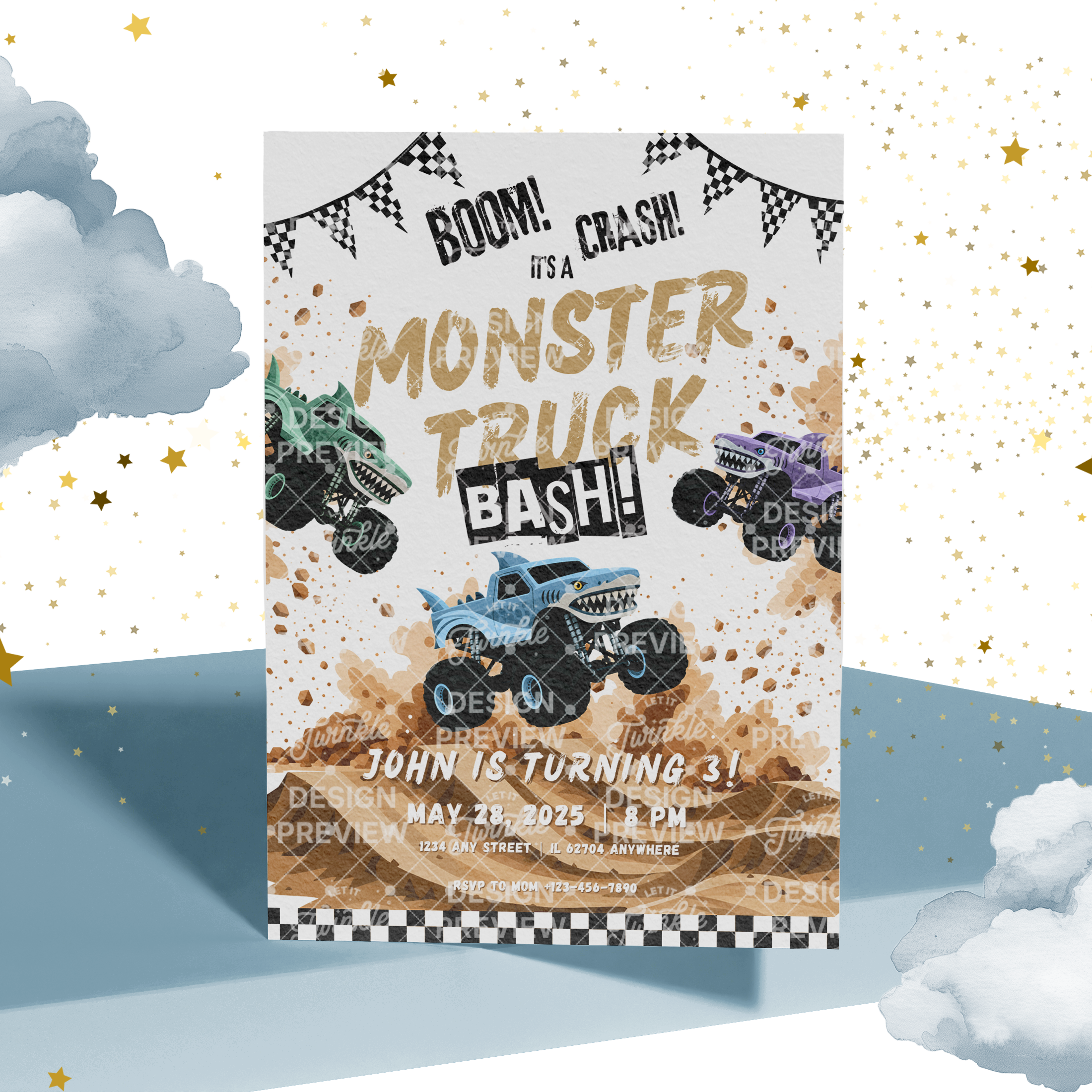Monster Truck Bash Birthday Invitation Template • Editable Canva Invitation • Blue, Turquoise & Purple
