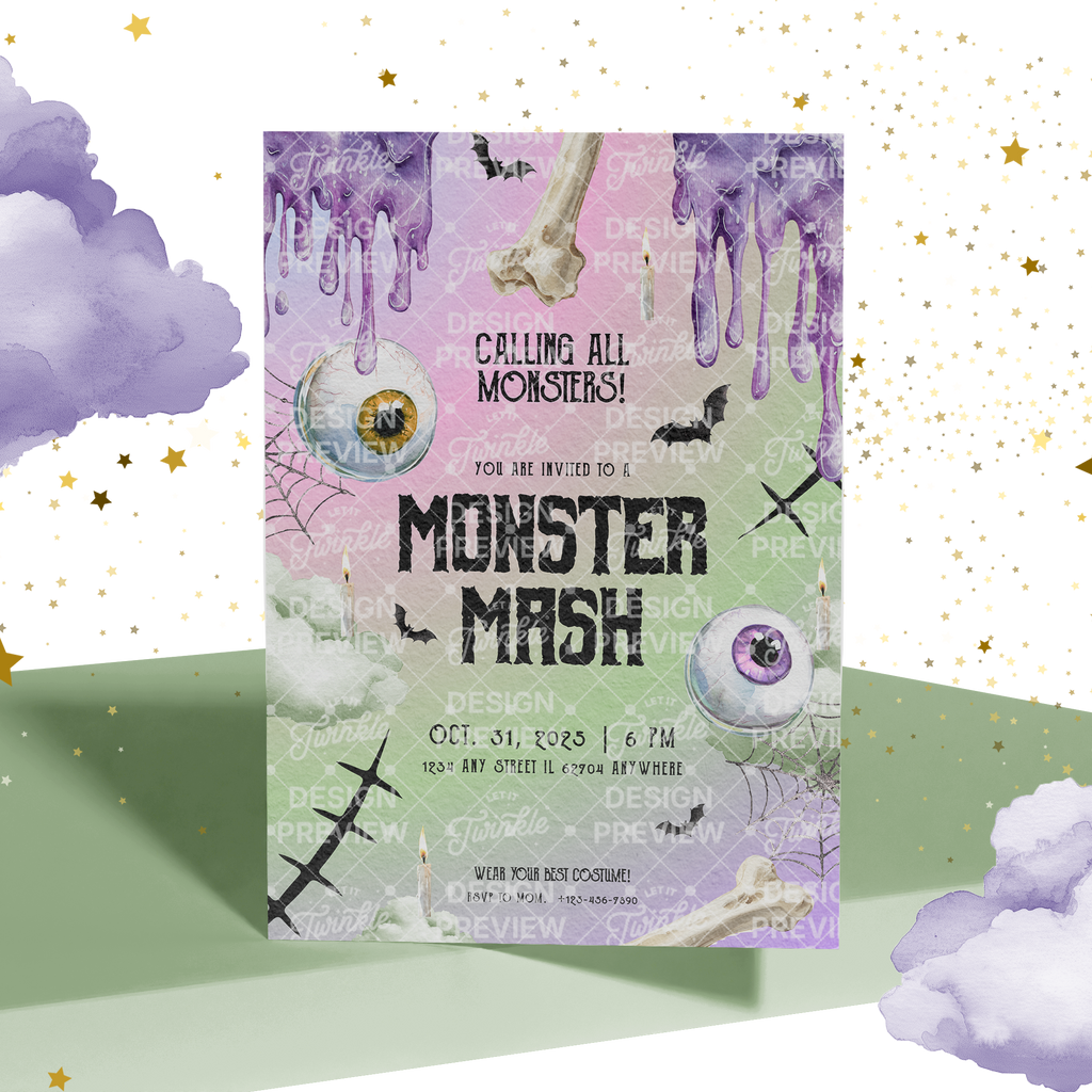Monster Mash Halloween Invitation Template • Editable Canva Invitation • Purple & Green