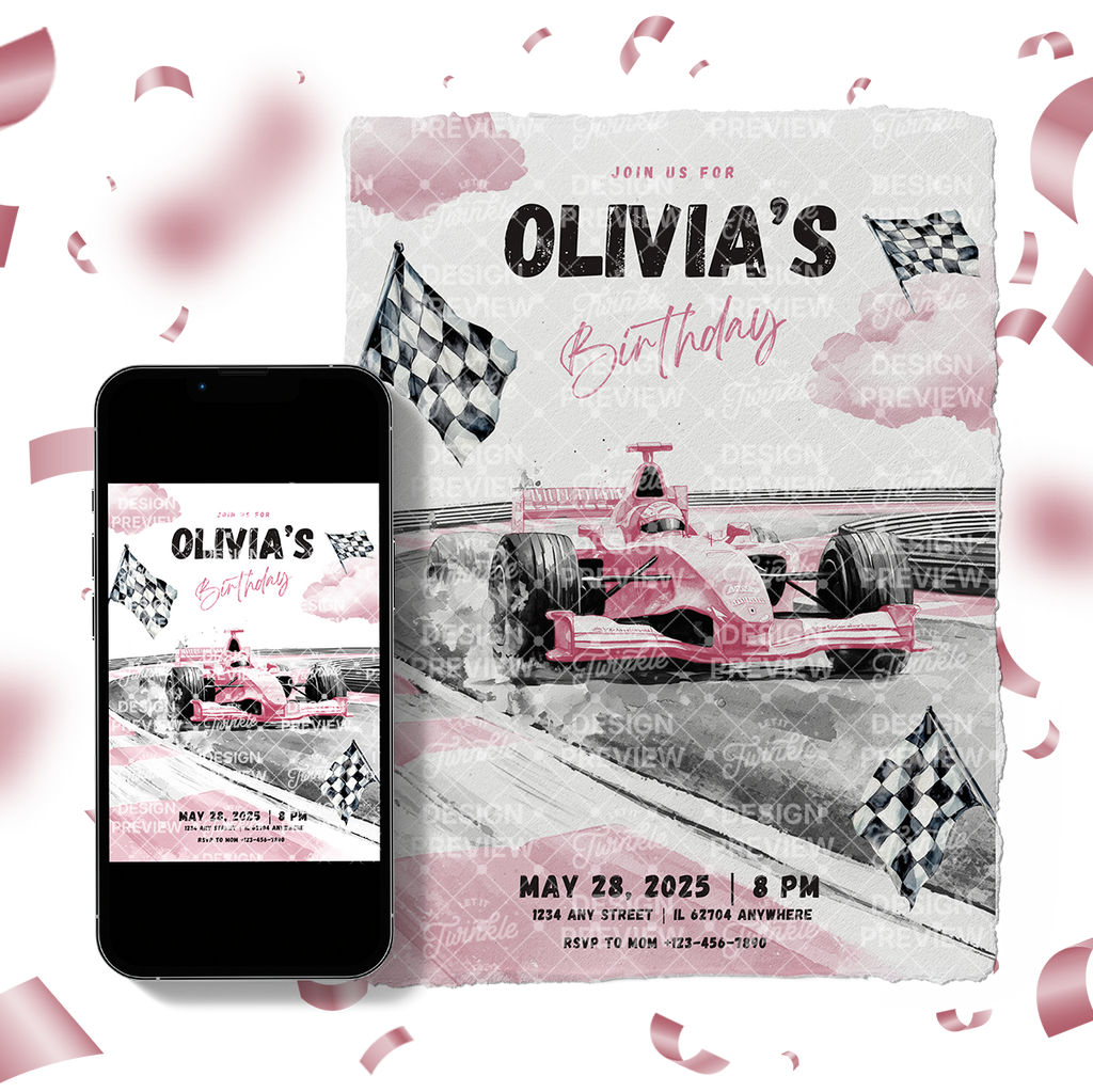 Race Car Birthday Invitation Template • Editable Canva Invitation • Pink & Gray