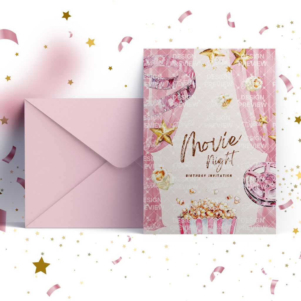 Movie Night Birthday Invitation Template • Editable Canva Invitation • Pink