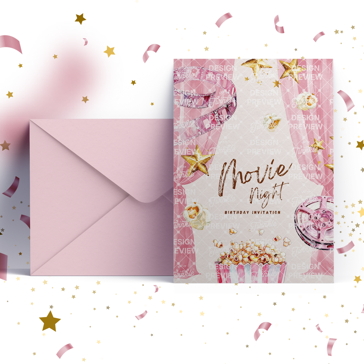 Movie Night Birthday Invitation Template • Editable Canva Invitation • Pink