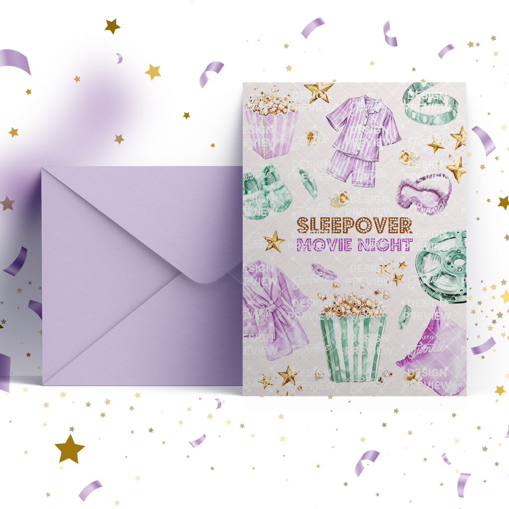 Sleepover Movie Night Birthday Invitation Template • Editable Canva Invitation • Purple & Turquoise