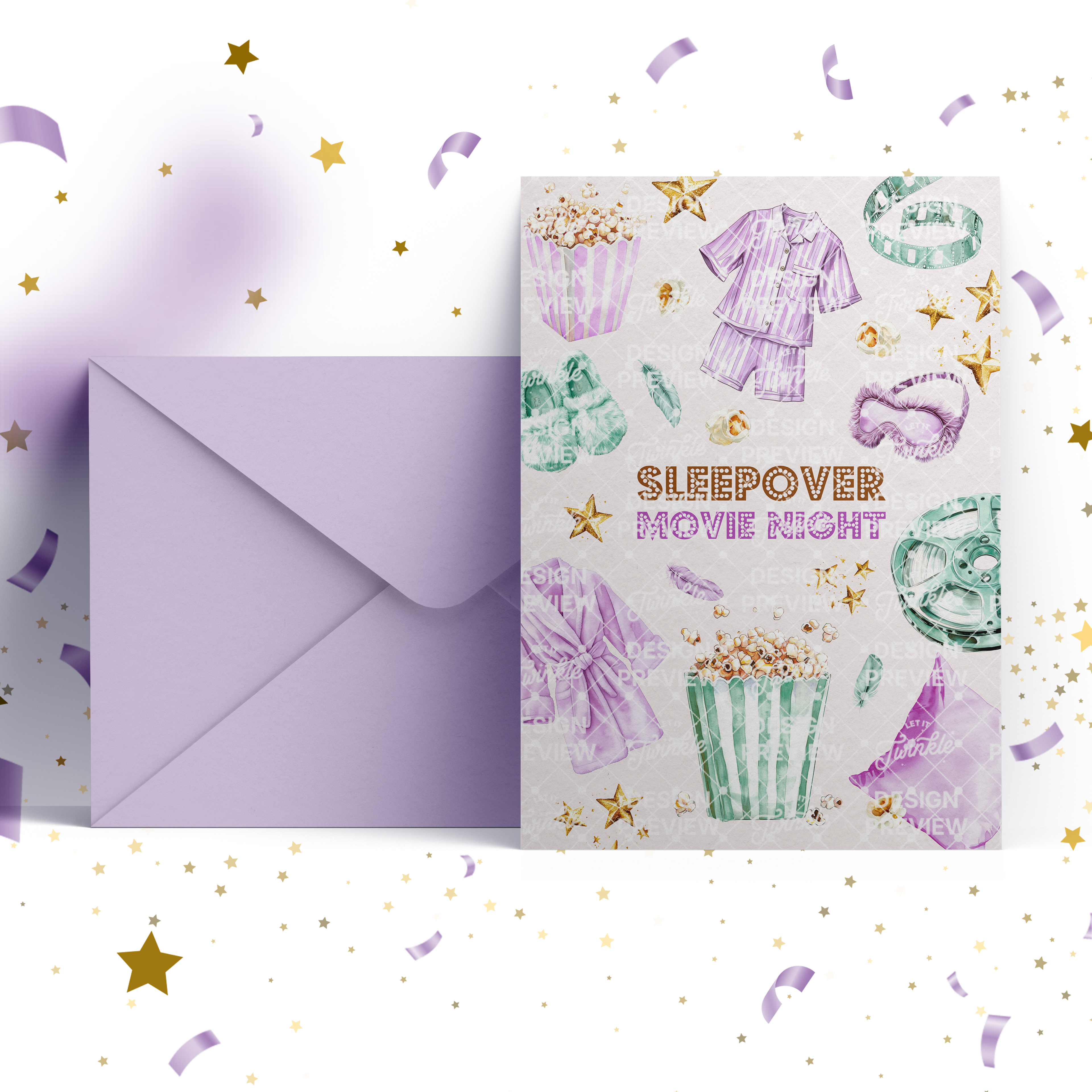 Sleepover Movie Night Birthday Invitation Template • Editable Canva Invitation • Purple & Turquoise