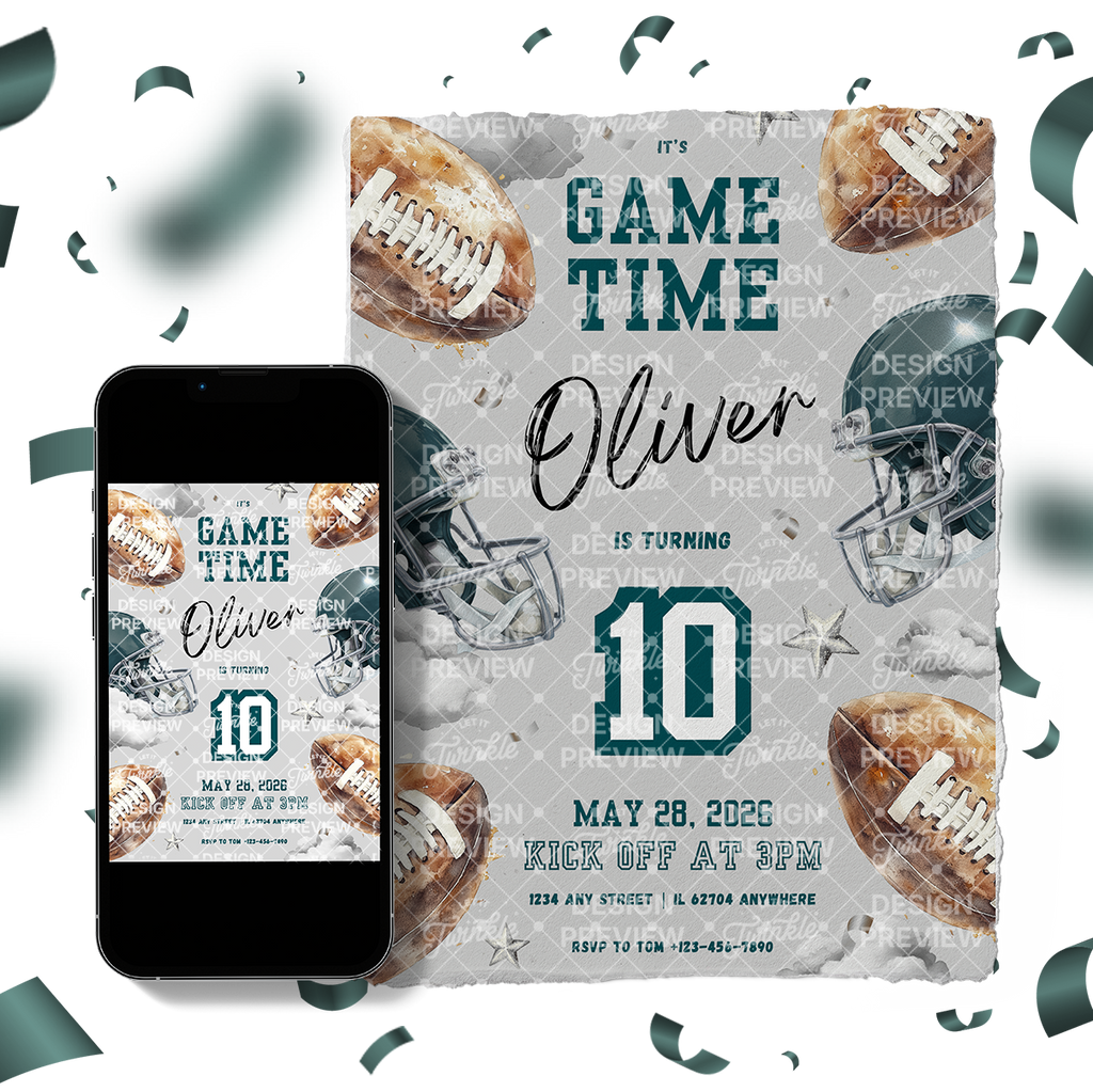 Football Birthday Invitation Template • Editable Canva Invitation • Gray & Dark Teal