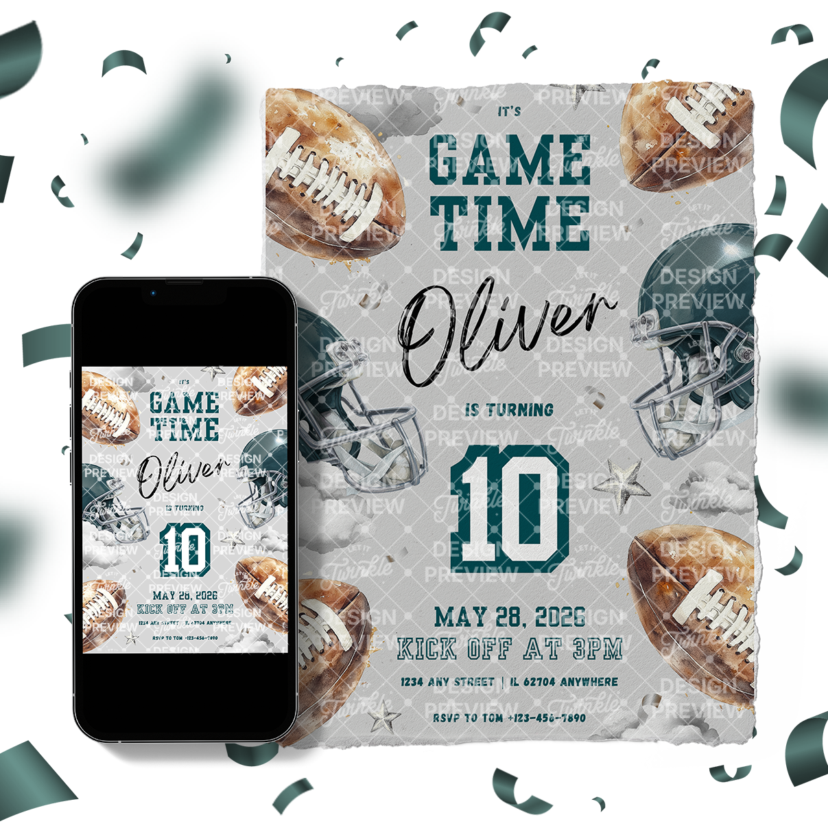 Football Birthday Invitation Template • Editable Canva Invitation • Gray & Dark Teal