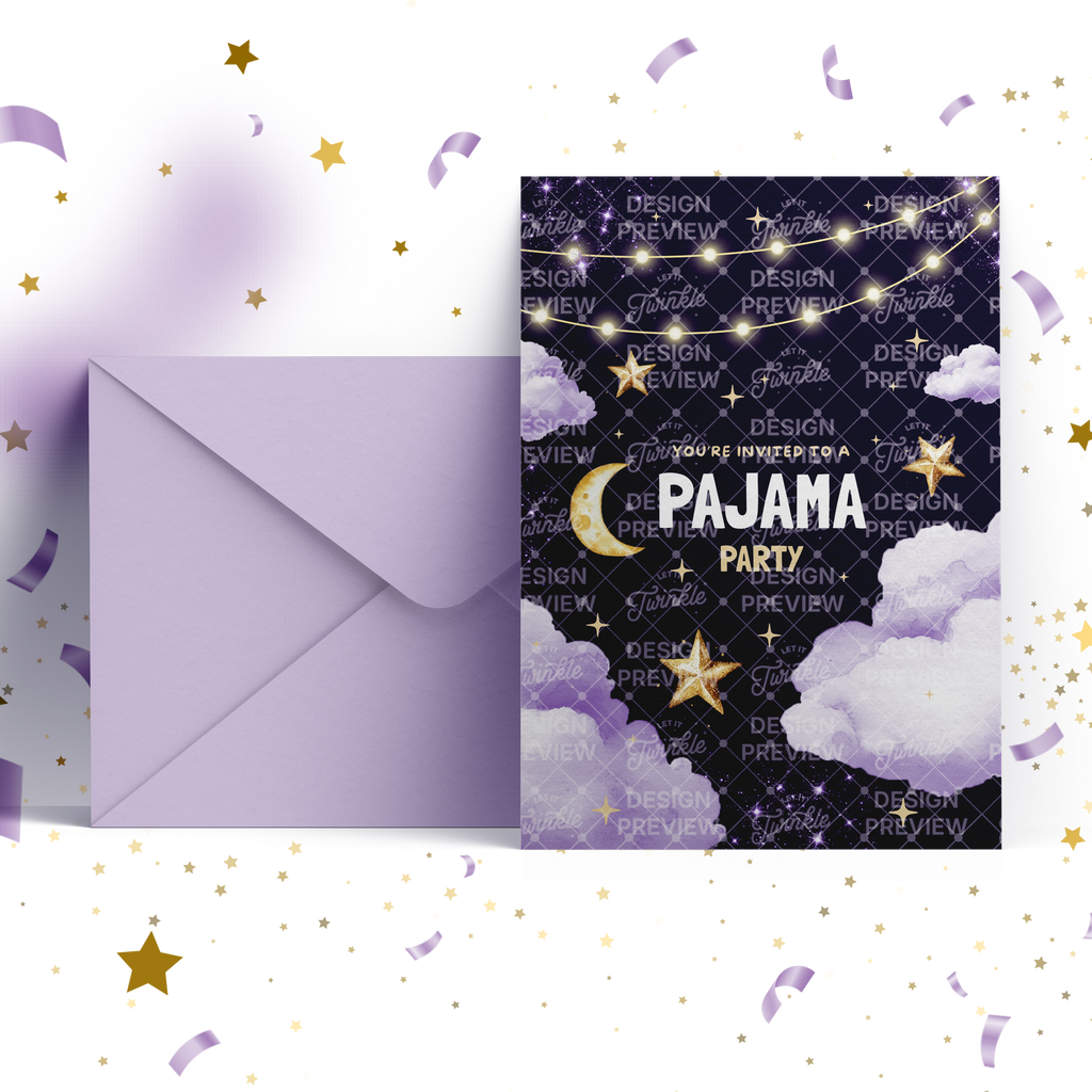 Pajama Party Night Birthday Invitation Template • Editable Canva Invitation • Purple, Black & Gold
