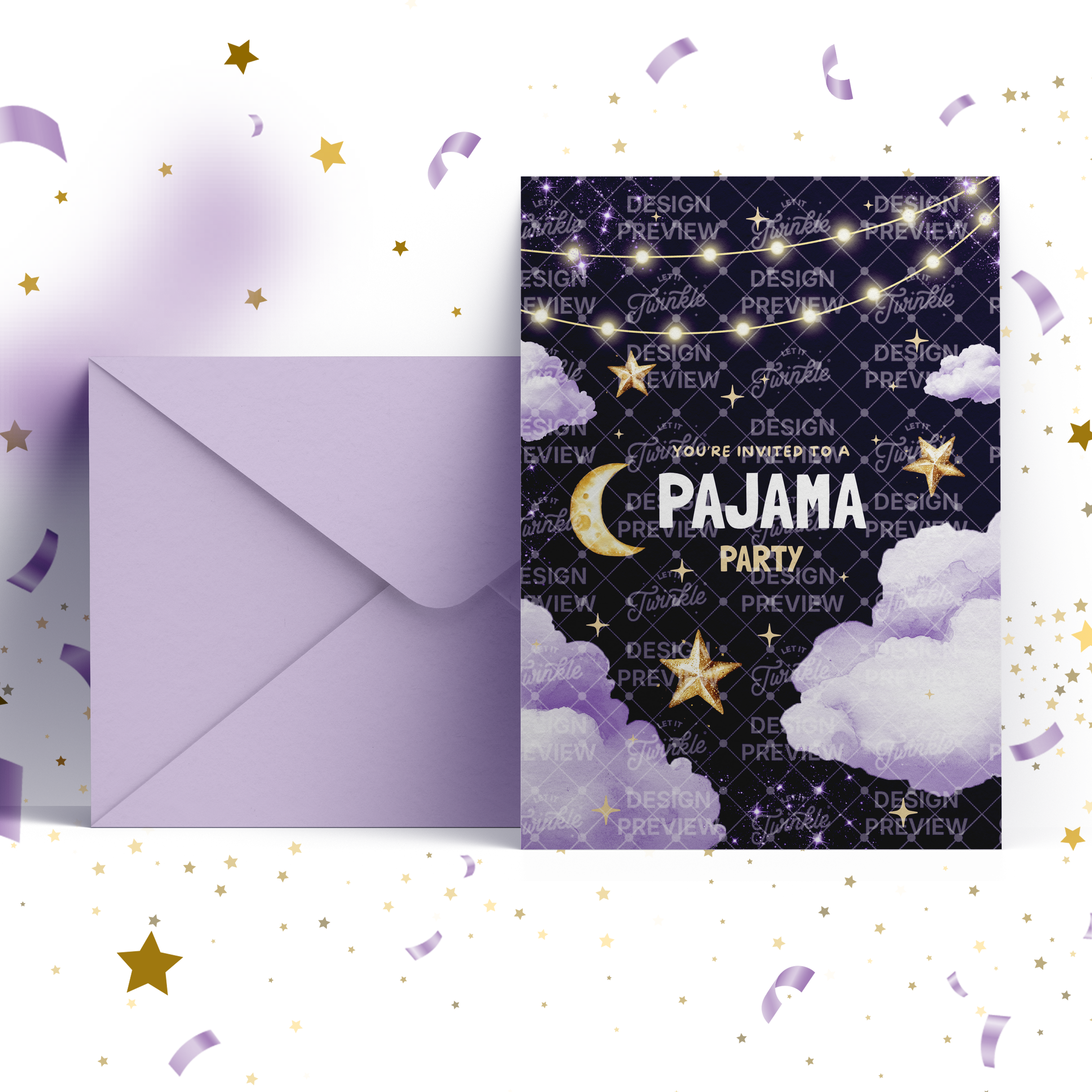 Pajama Party Night Birthday Invitation Template • Editable Canva Invitation • Purple, Black & Gold