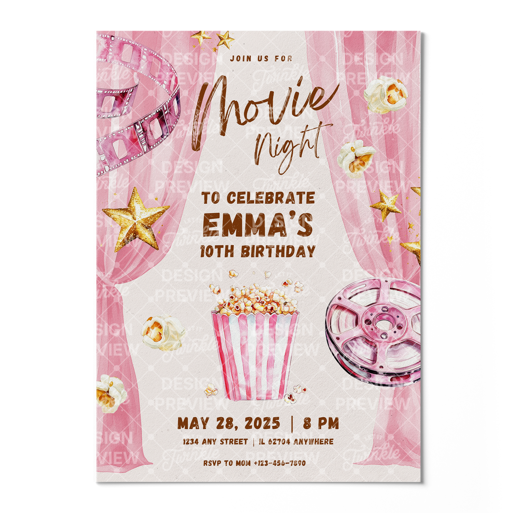 Movie Night Birthday Invitation Template • Editable Canva Invitation • Pink & Gold
