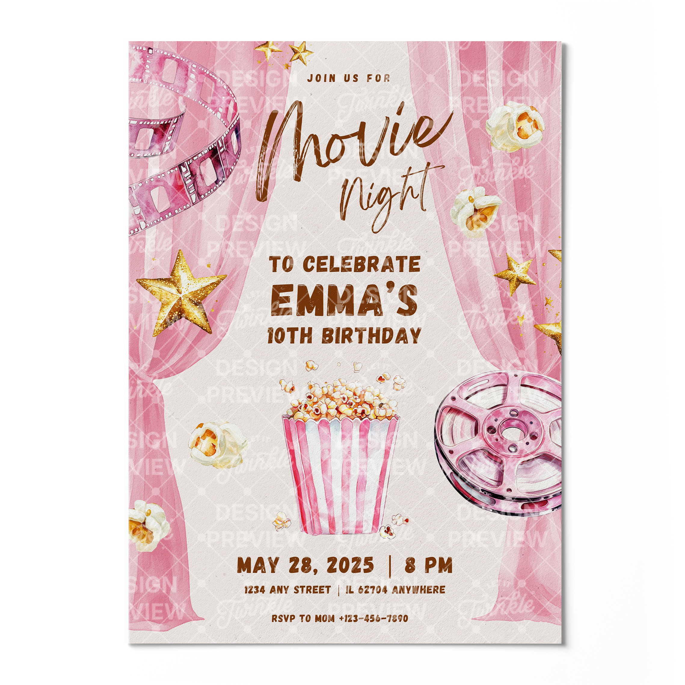 Movie Night Birthday Invitation Template • Editable Canva Invitation • Pink & Gold