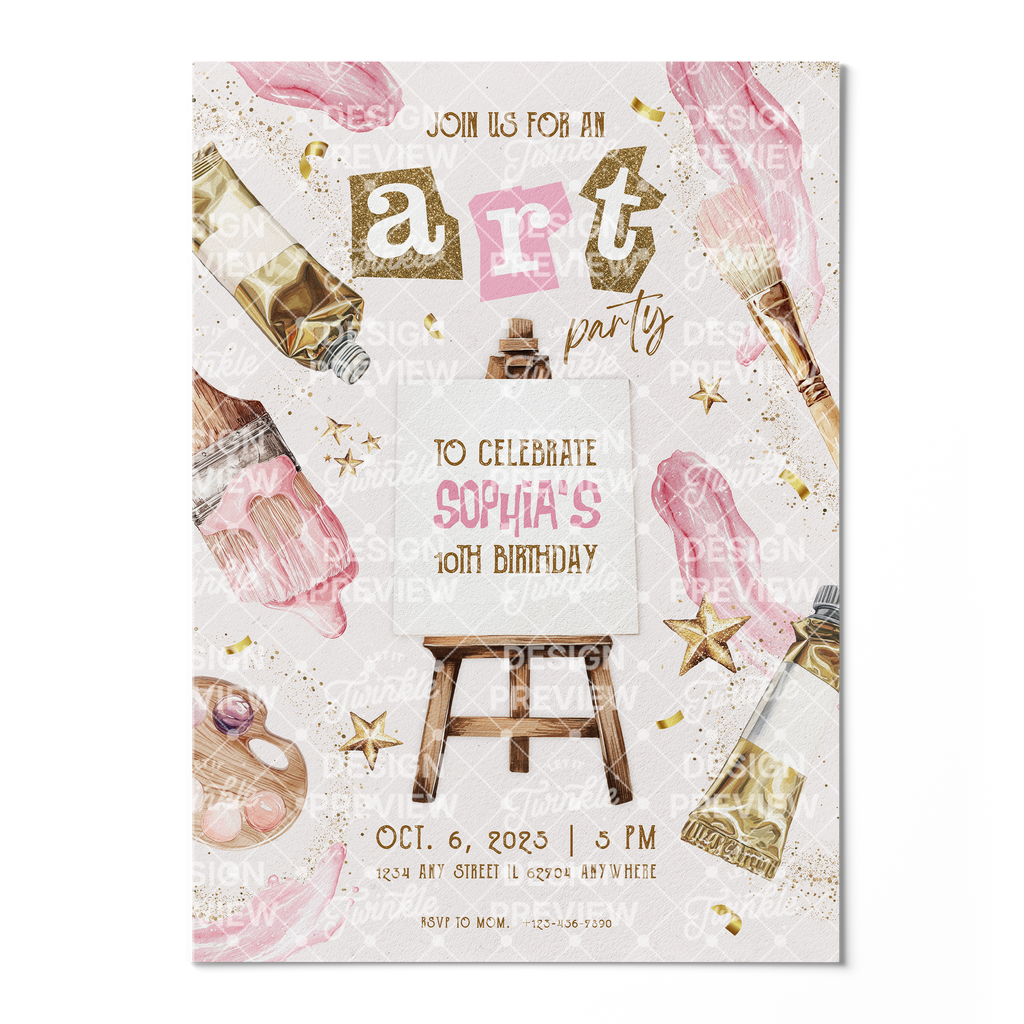 Art Birthday Invitation Template • Editable Canva Invitation • Pink & Beige