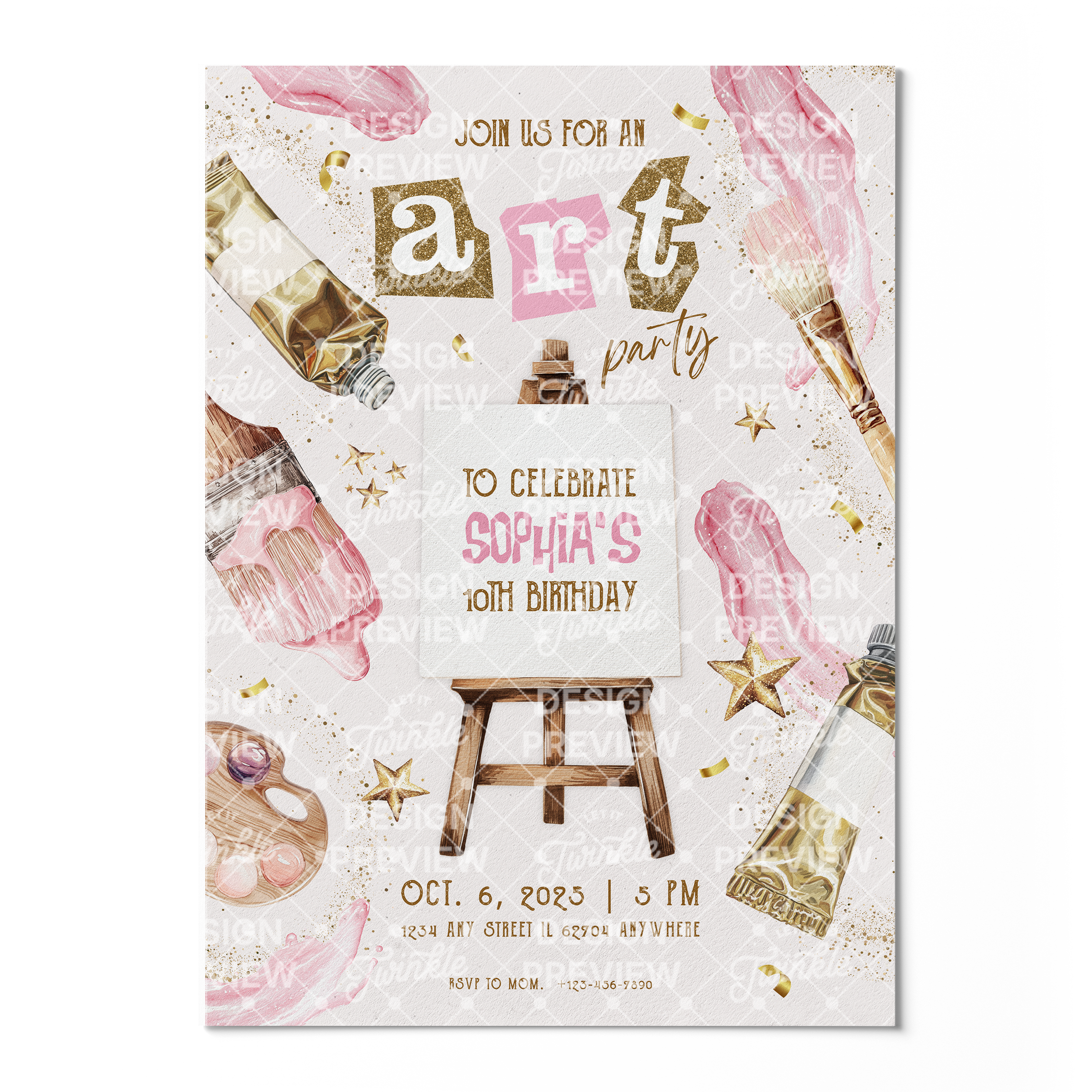 Art Birthday Invitation Template • Editable Canva Invitation • Pink & Beige