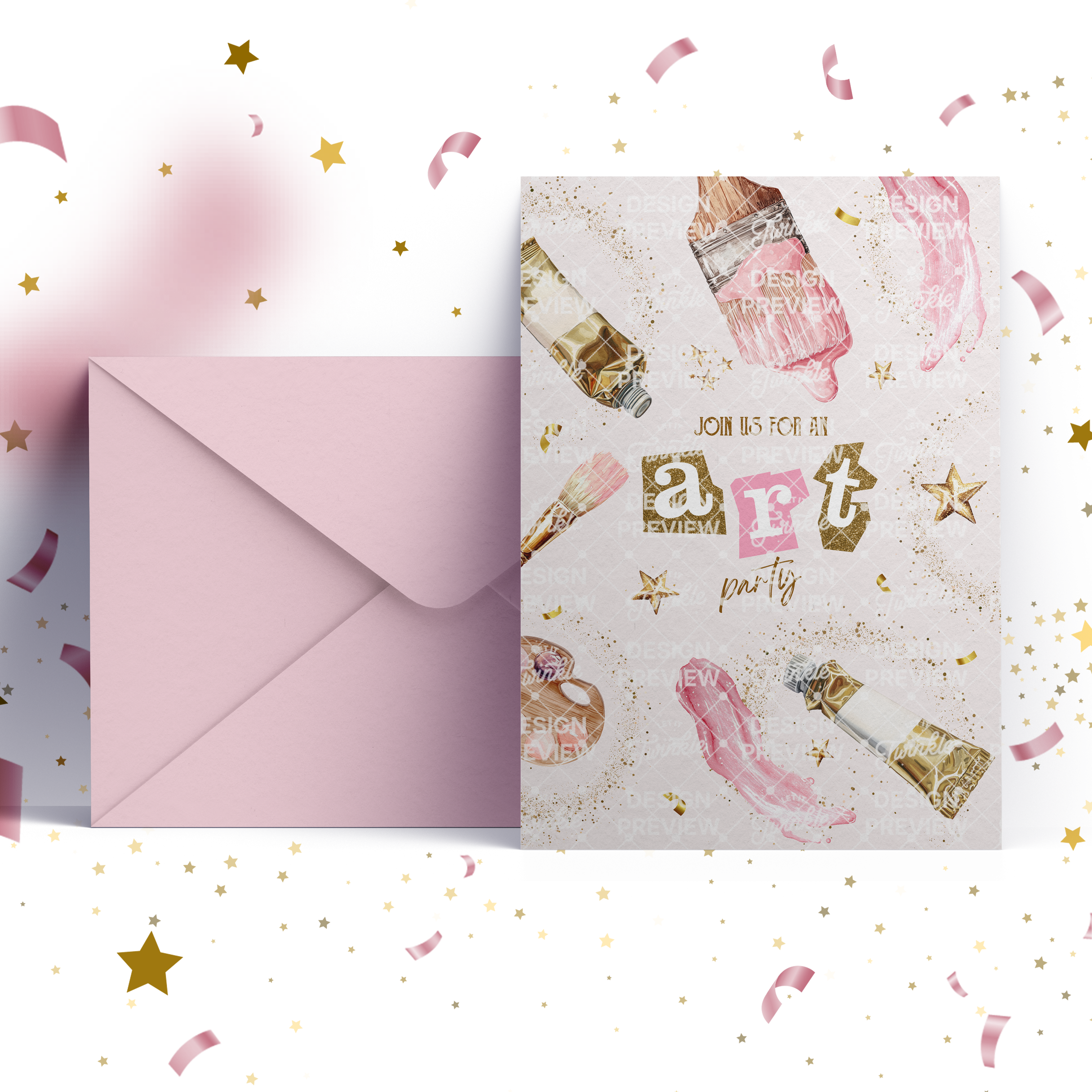 Art Birthday Invitation Template • Editable Canva Invitation • Pink & Beige
