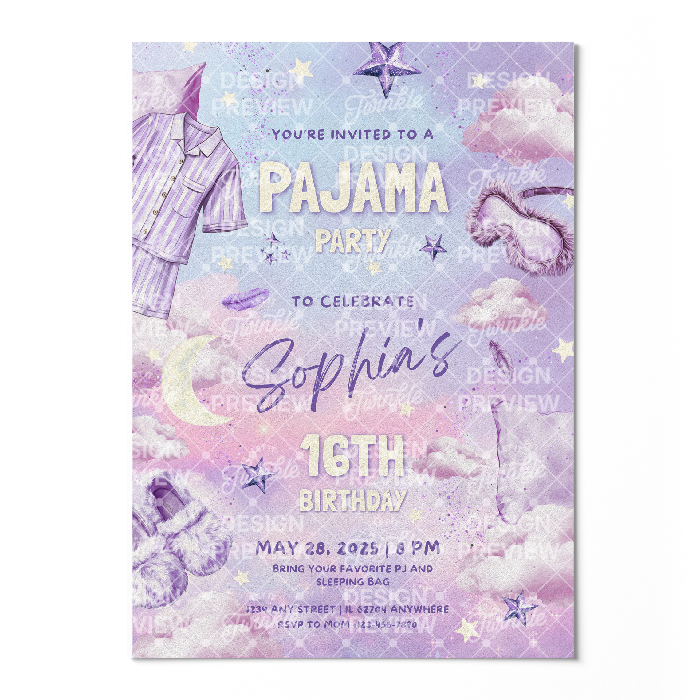 Pajama Party Birthday Invitation Template • Editable Canva Invitation • Purple & Pink