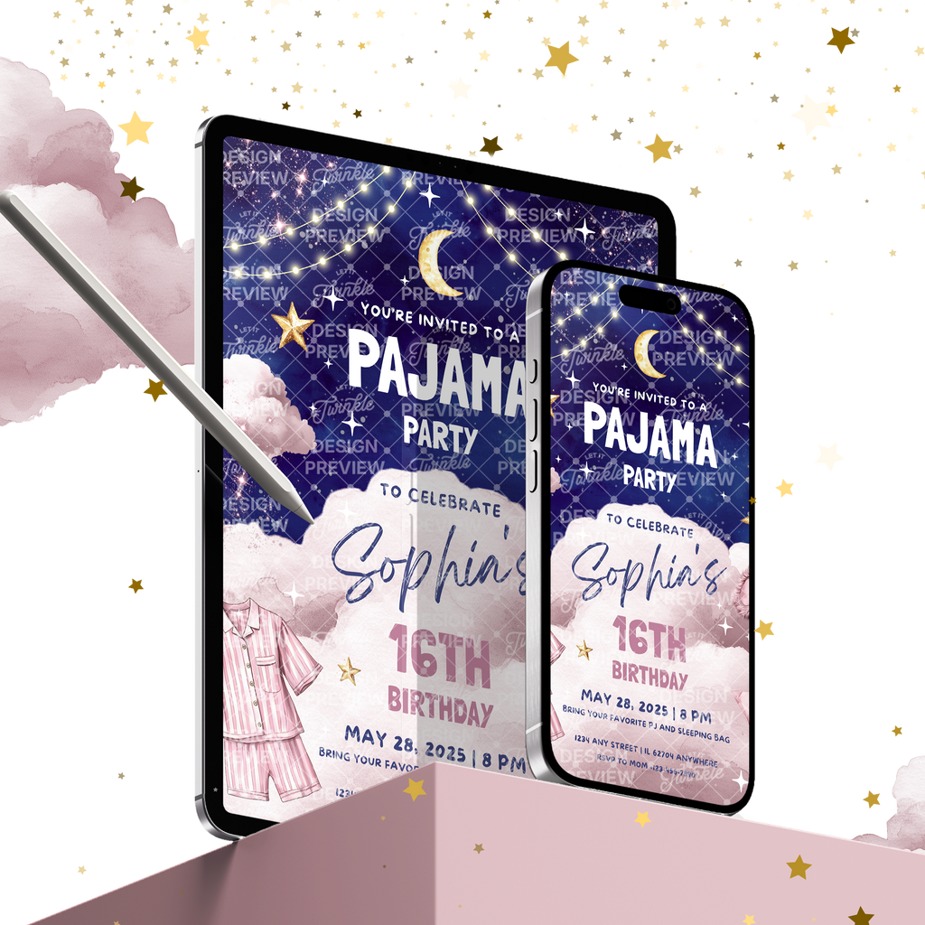 Pajama Party Night Birthday Invitation Template • Editable Canva Invitation • Pink