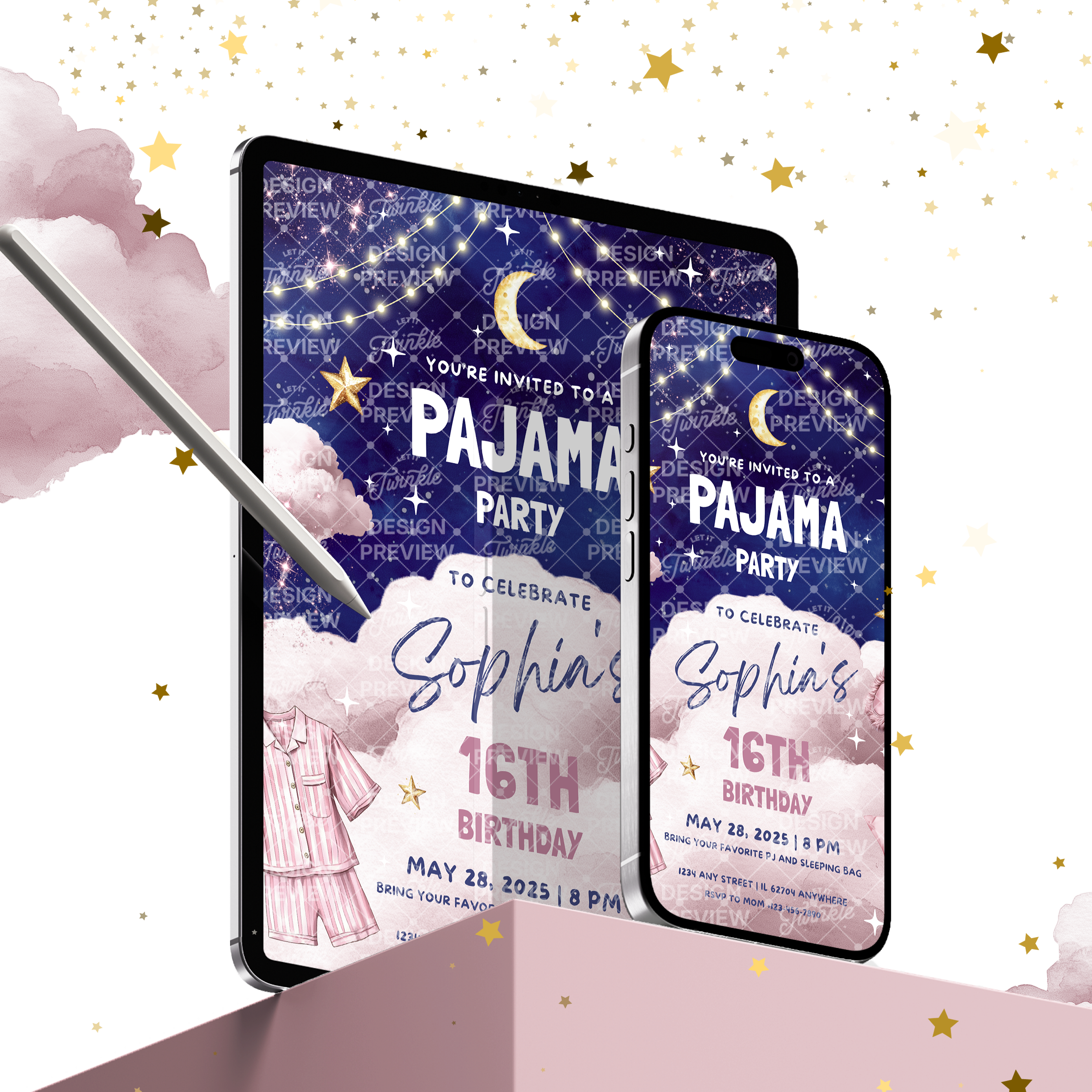 Pajama Party Night Birthday Invitation Template • Editable Canva Invitation • Pink