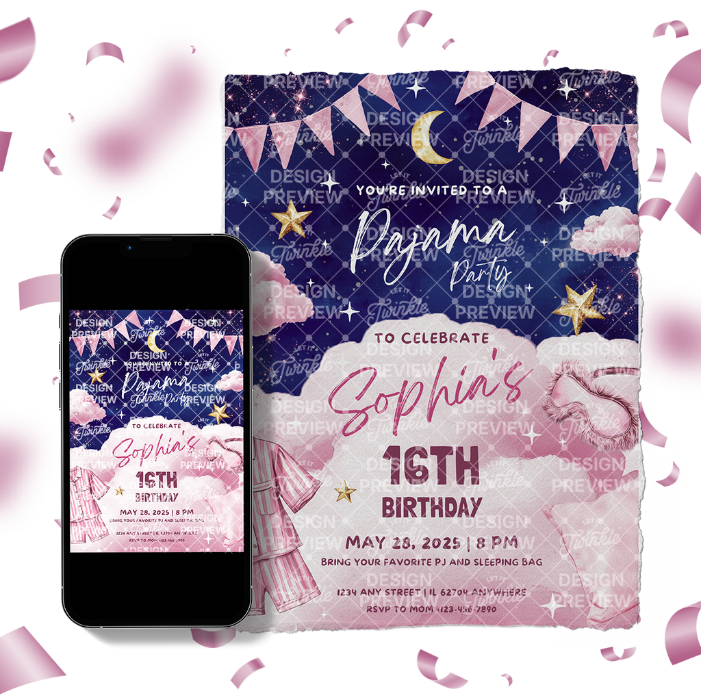 Schlafparty Geburtstagseinladung Lila & Pink