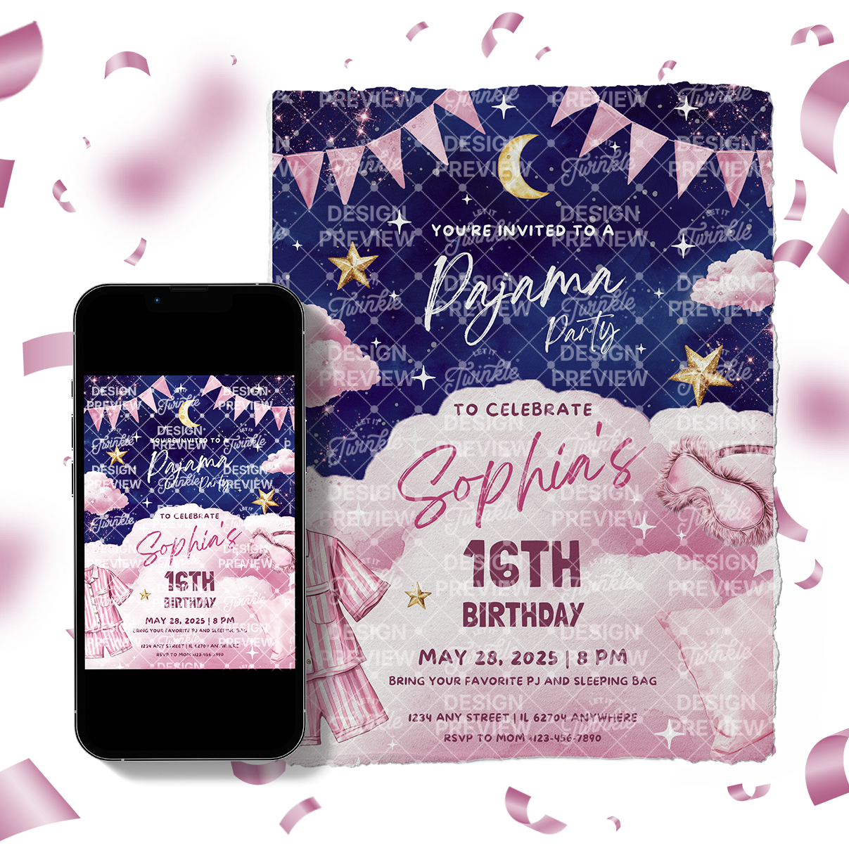 Pajama Party Night Birthday Invitation Template • Editable Canva Invitation • Pink & Blue