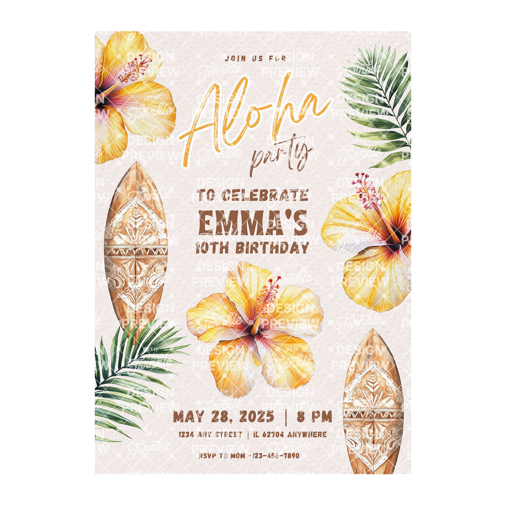 Aloha Birthday Invitation Template • Editable Canva Invitation • Yellow