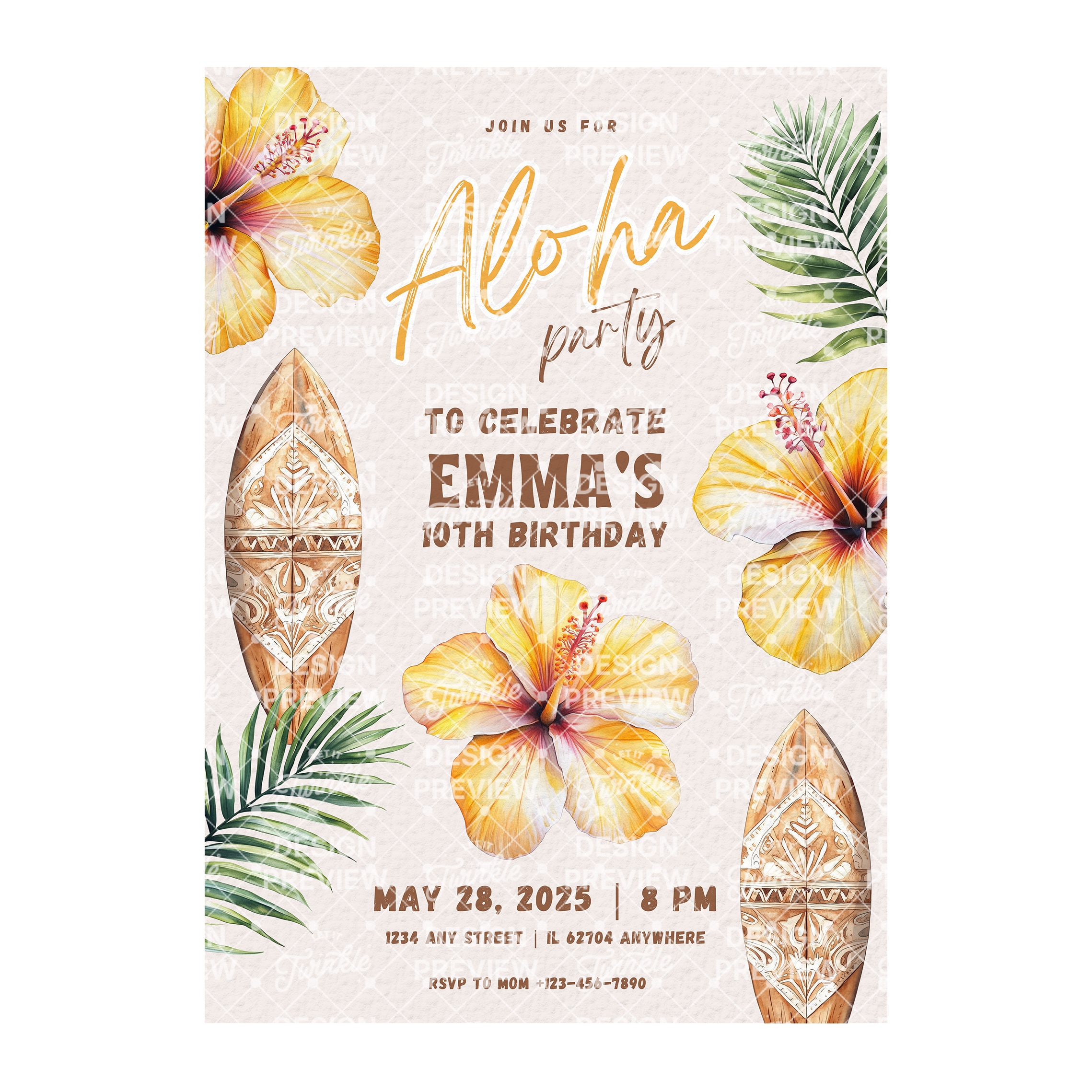 Aloha Birthday Invitation Template • Editable Canva Invitation • Yellow