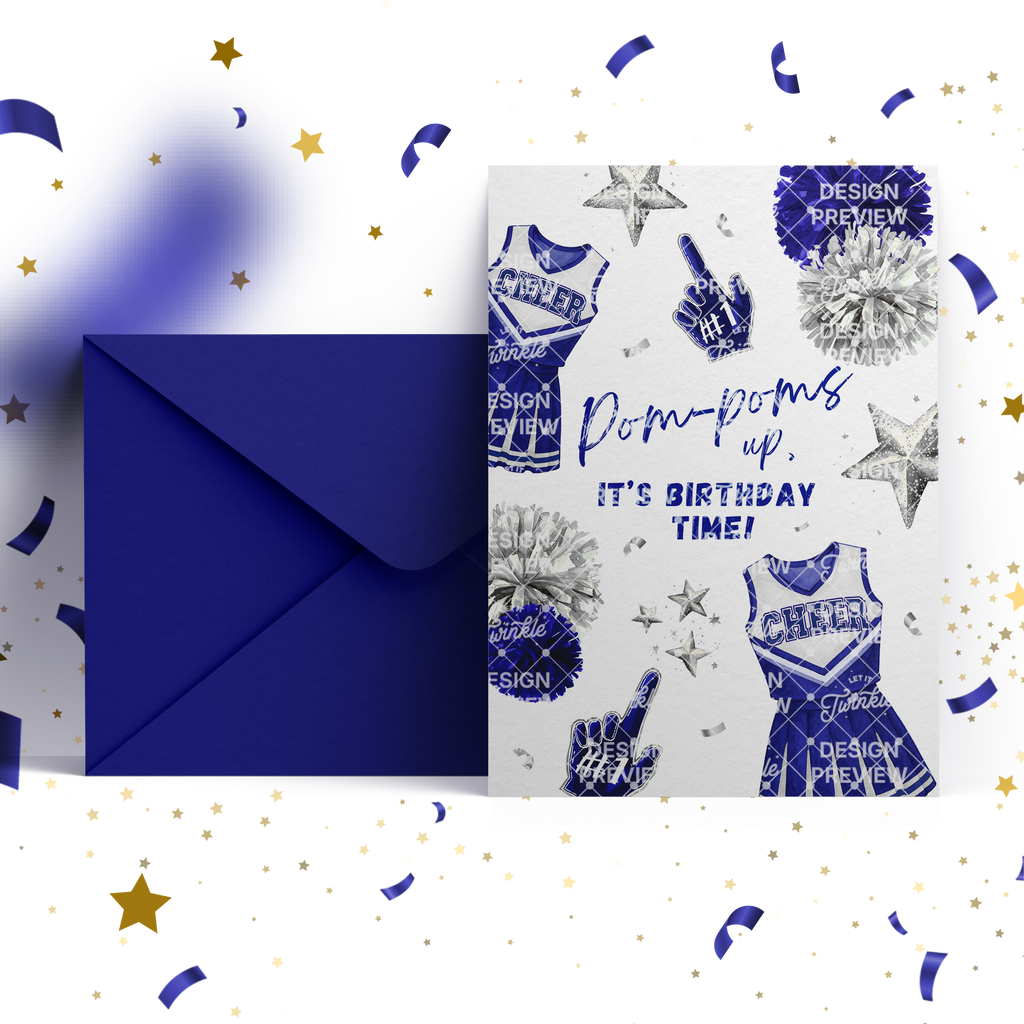 Cheerleader Birthday Invitation Template • Editable Canva Invitation • Blue & Silver