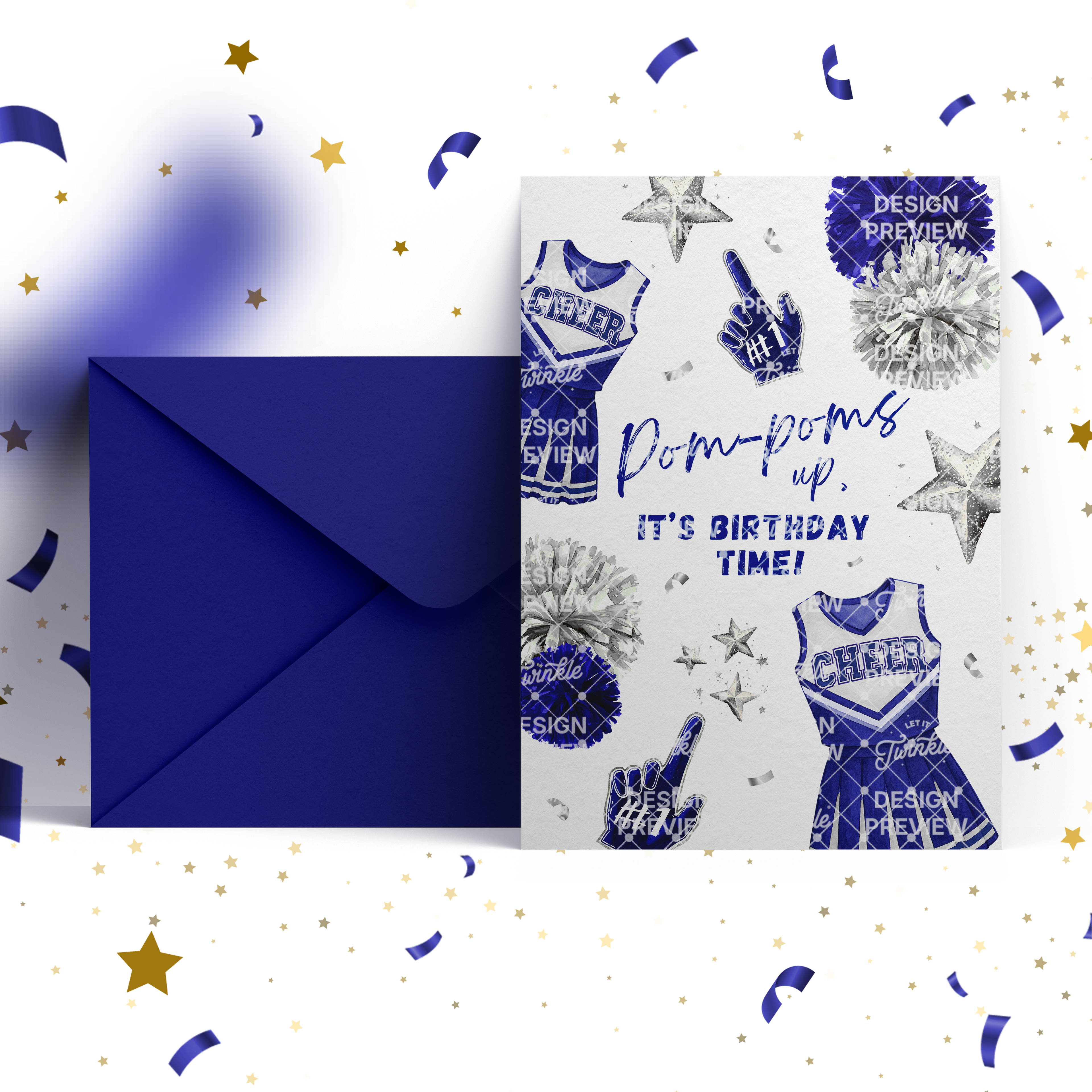 Cheerleader Birthday Invitation Template • Editable Canva Invitation • Blue & Silver