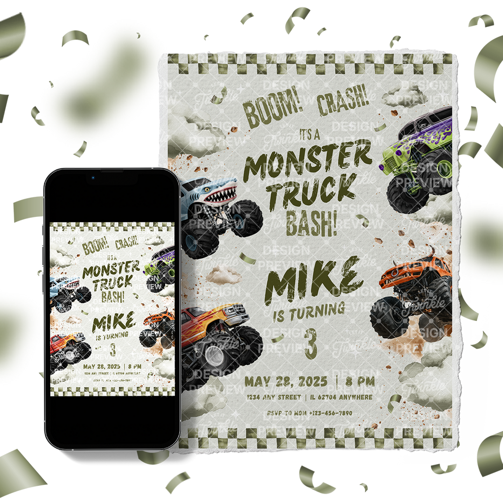 Monster Truck Bash Birthday Invitation Template • Editable Canva Invitation • Green