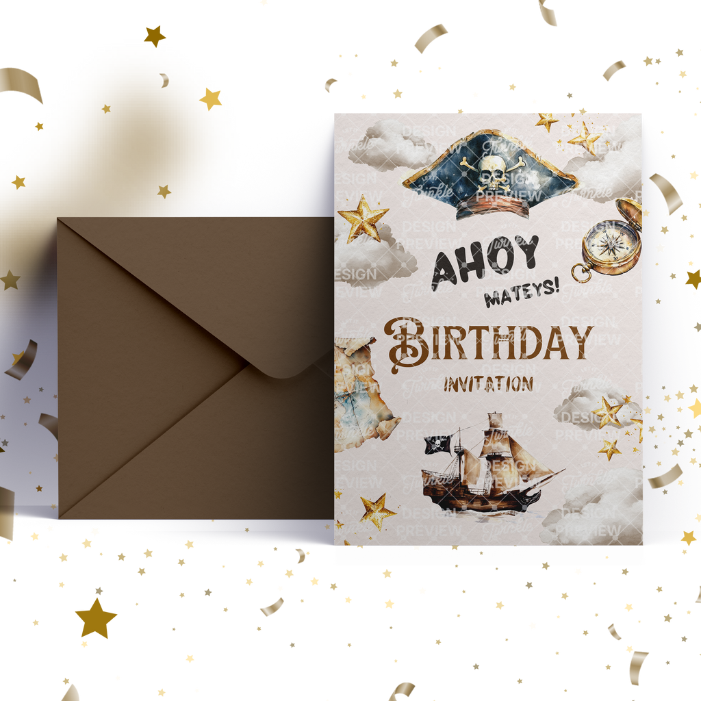Pirate Birthday Invitation Template • Editable Canva Invitation • Brown & Beige