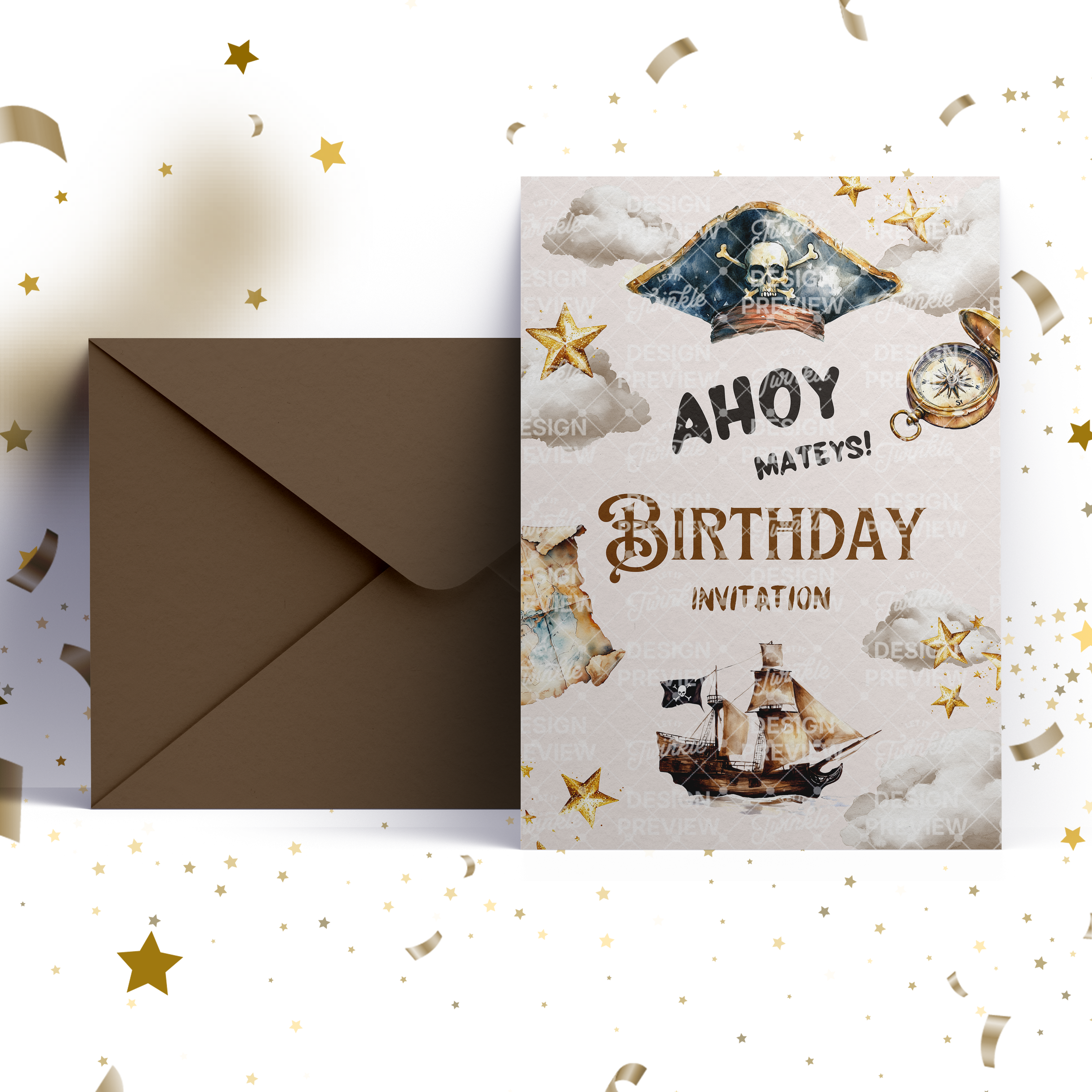 Pirate Birthday Invitation Template • Editable Canva Invitation • Brown & Beige