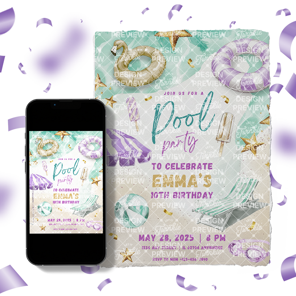 Pool Party Birthday Invitation Template • Editable Canva Invitation • Purple & Gold