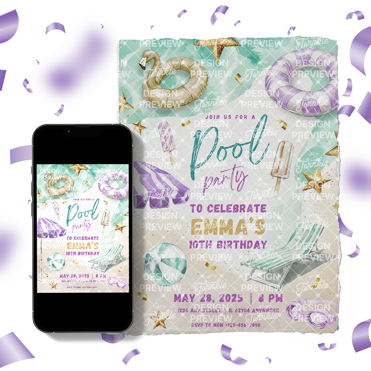 Pool Party Birthday Invitation Template • Editable Canva Invitation • Purple & Gold