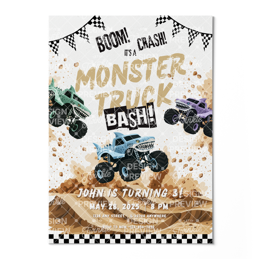 Monster Truck Bash Birthday Invitation Template • Editable Canva Invitation • Blue, Turquoise & Purple