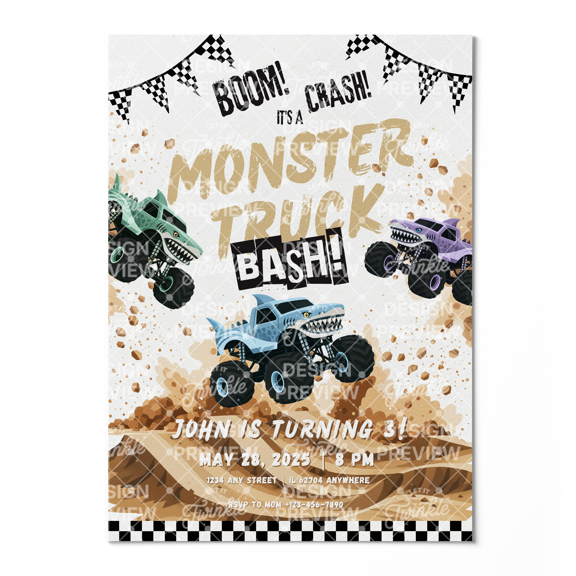 Monster Truck Bash Birthday Invitation Template • Editable Canva Invitation • Blue, Turquoise & Purple