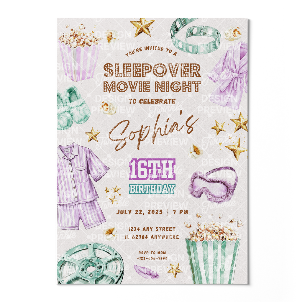 Sleepover Movie Night Birthday Invitation Template • Editable Canva Invitation • Purple & Turquoise