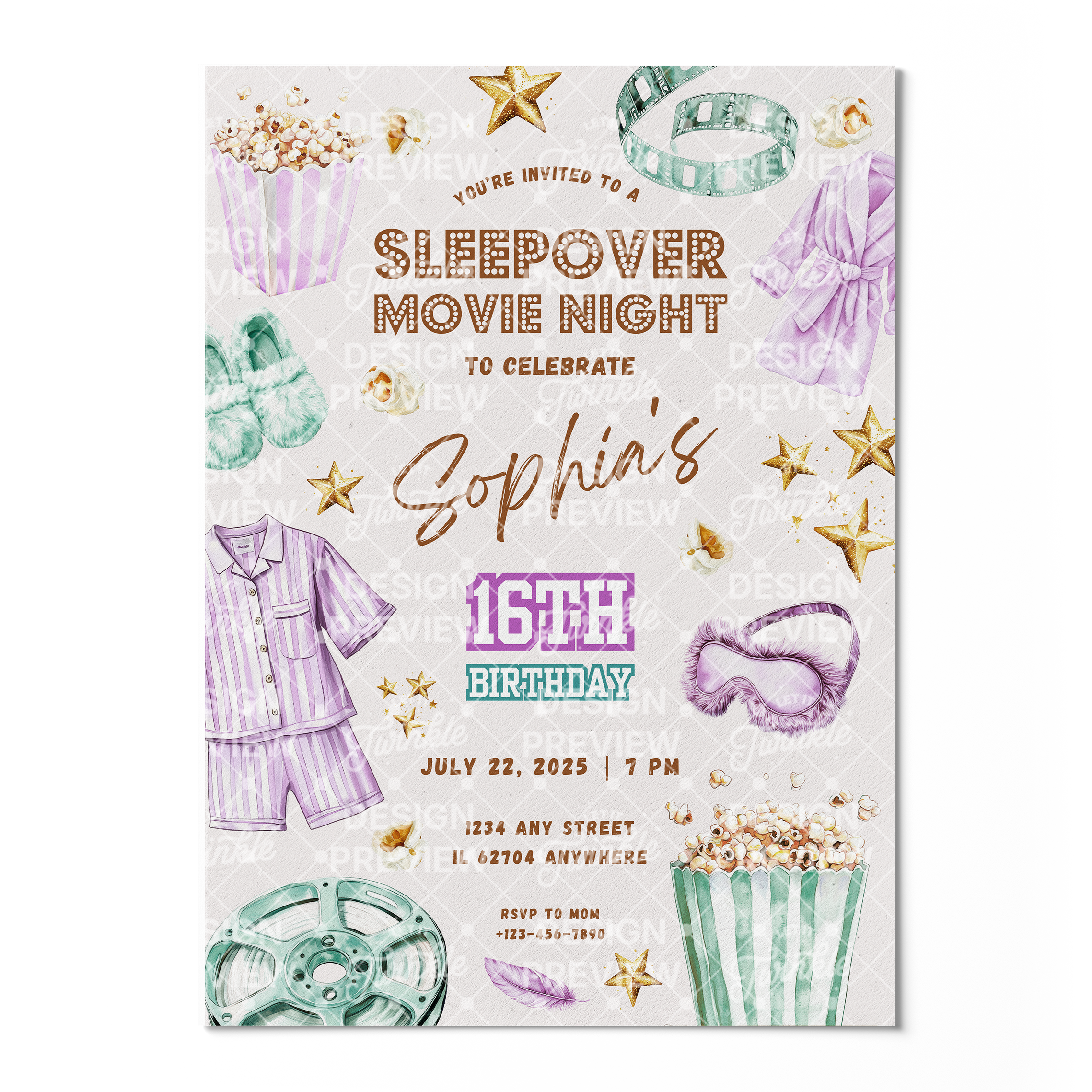Sleepover Movie Night Birthday Invitation Template • Editable Canva Invitation • Purple & Turquoise
