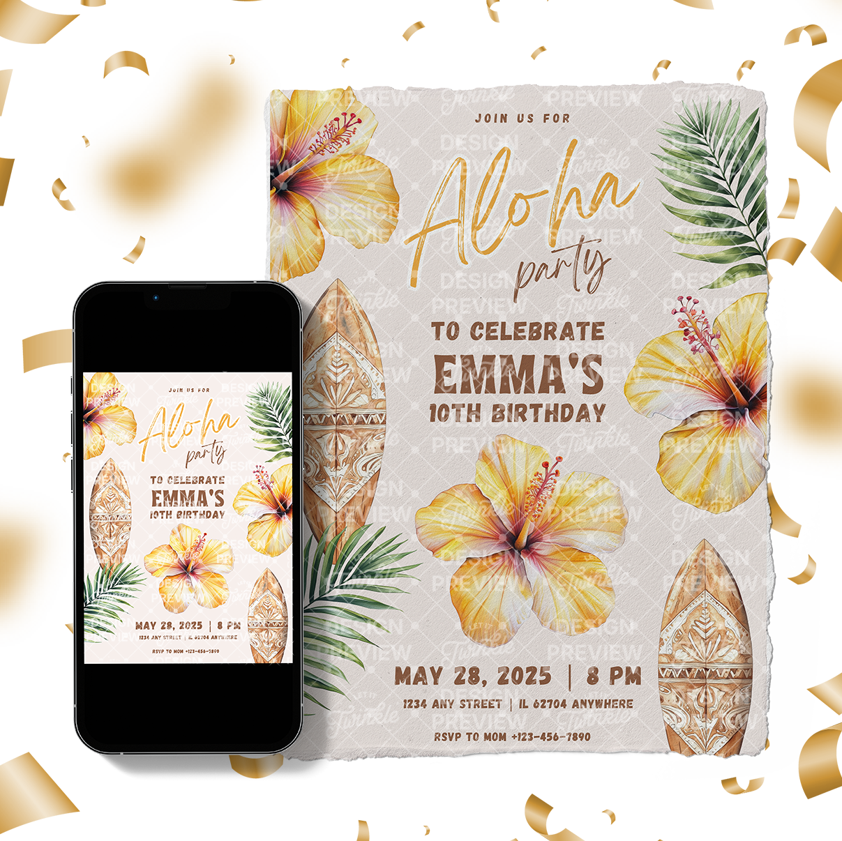 Aloha Birthday Invitation Template • Editable Canva Invitation • Yellow