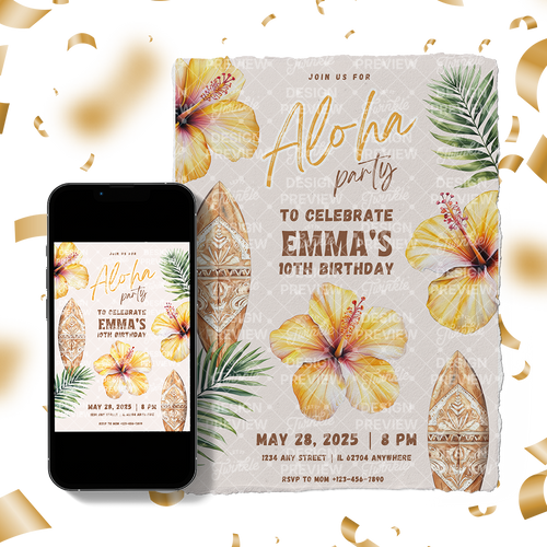 Aloha Birthday Invitation Template • Editable Canva Invitation • Yellow