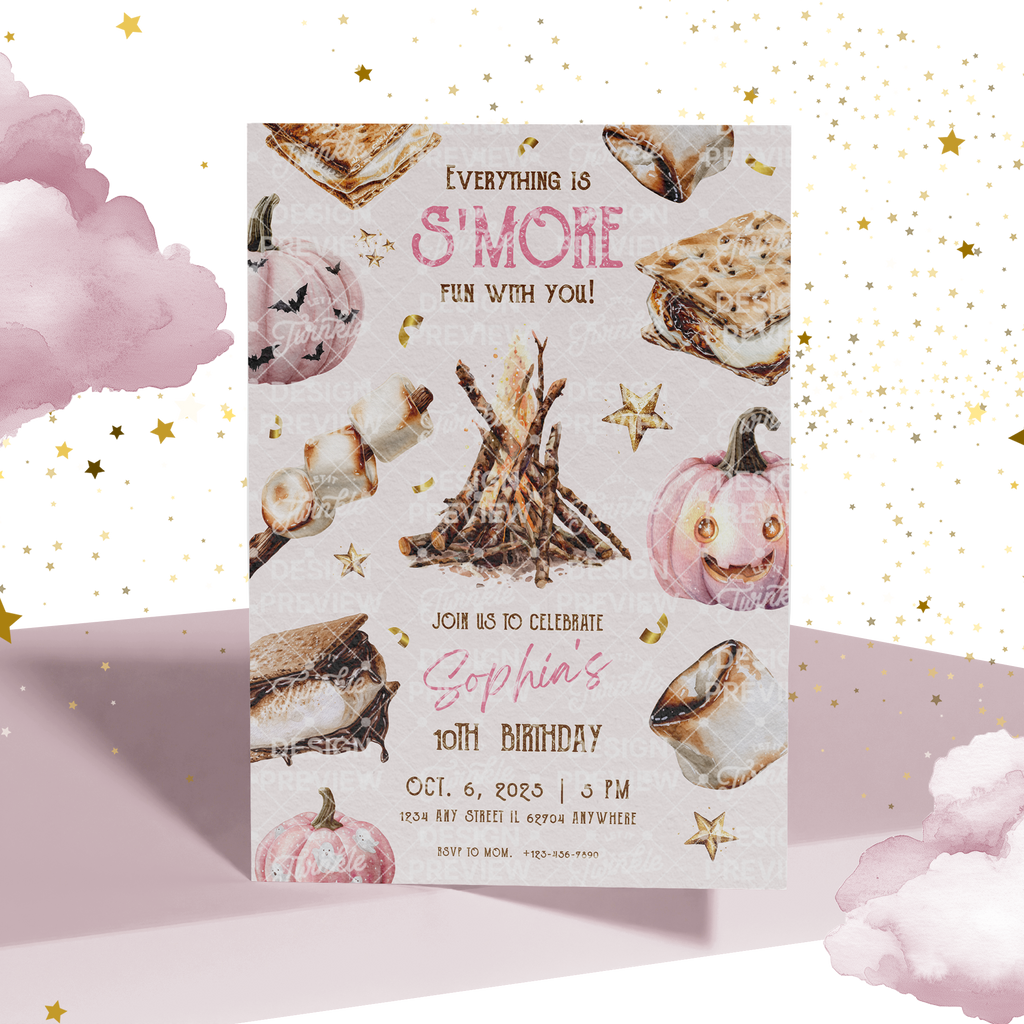 S'more Birthday Invitation Template • Editable Canva Invitation • Pink, Beige & Gold