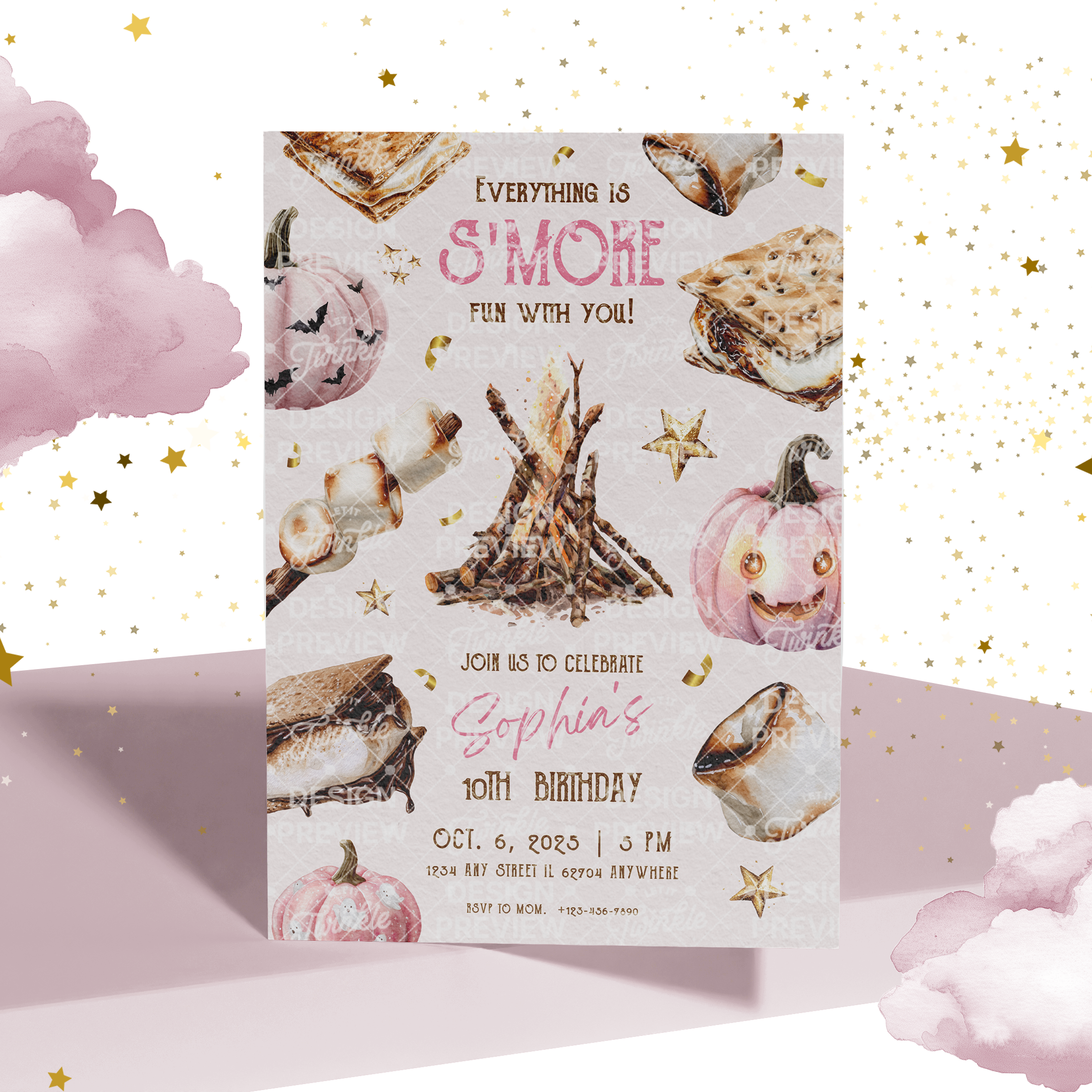 S'more Birthday Invitation Template • Editable Canva Invitation • Pink, Beige & Gold