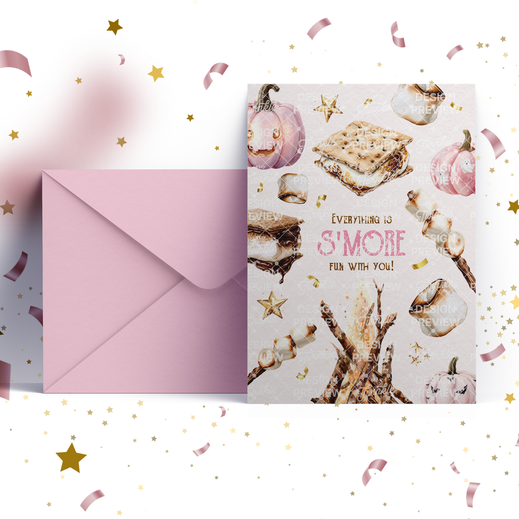 S'more Birthday Invitation Template • Editable Canva Invitation • Pink, Beige & Gold