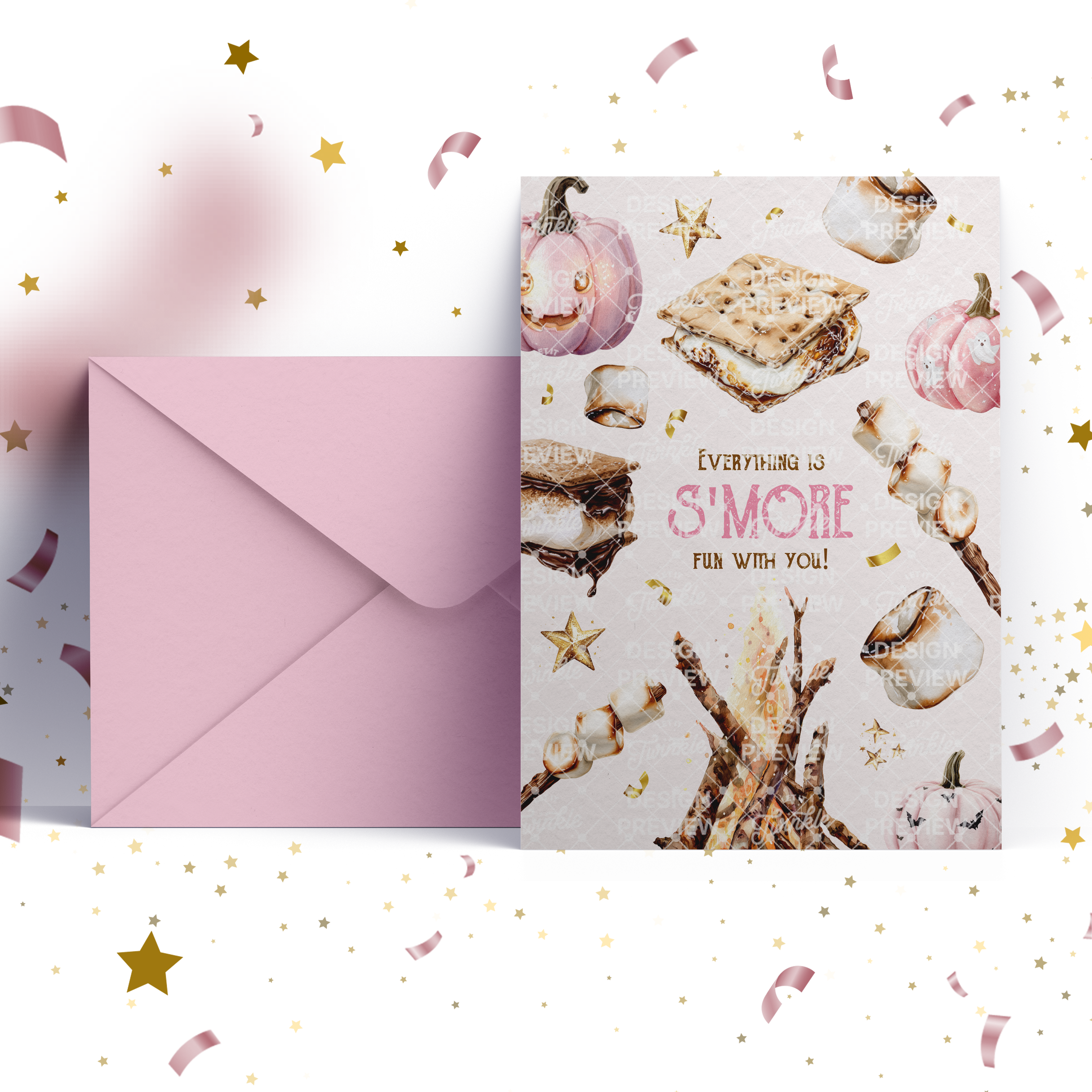 S'more Birthday Invitation Template • Editable Canva Invitation • Pink, Beige & Gold
