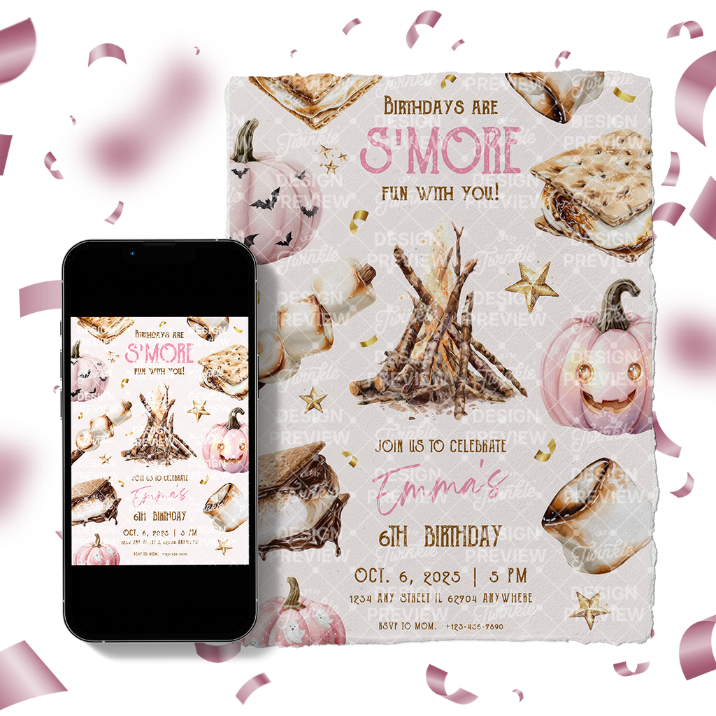 S'more Birthday Invitation Template • Editable Canva Invitation • Pink, Beige & Gold