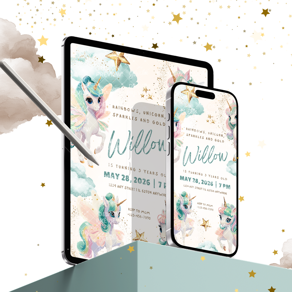 Unicorn Birthday Invitation Template • Editable Canva Invitation • Pastel Turquoise