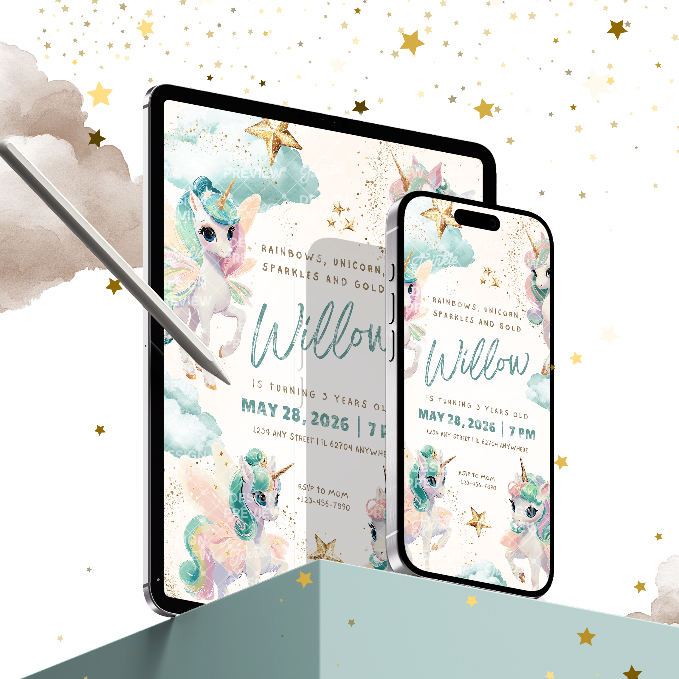 Unicorn Birthday Invitation Template • Editable Canva Invitation • Pastel Turquoise